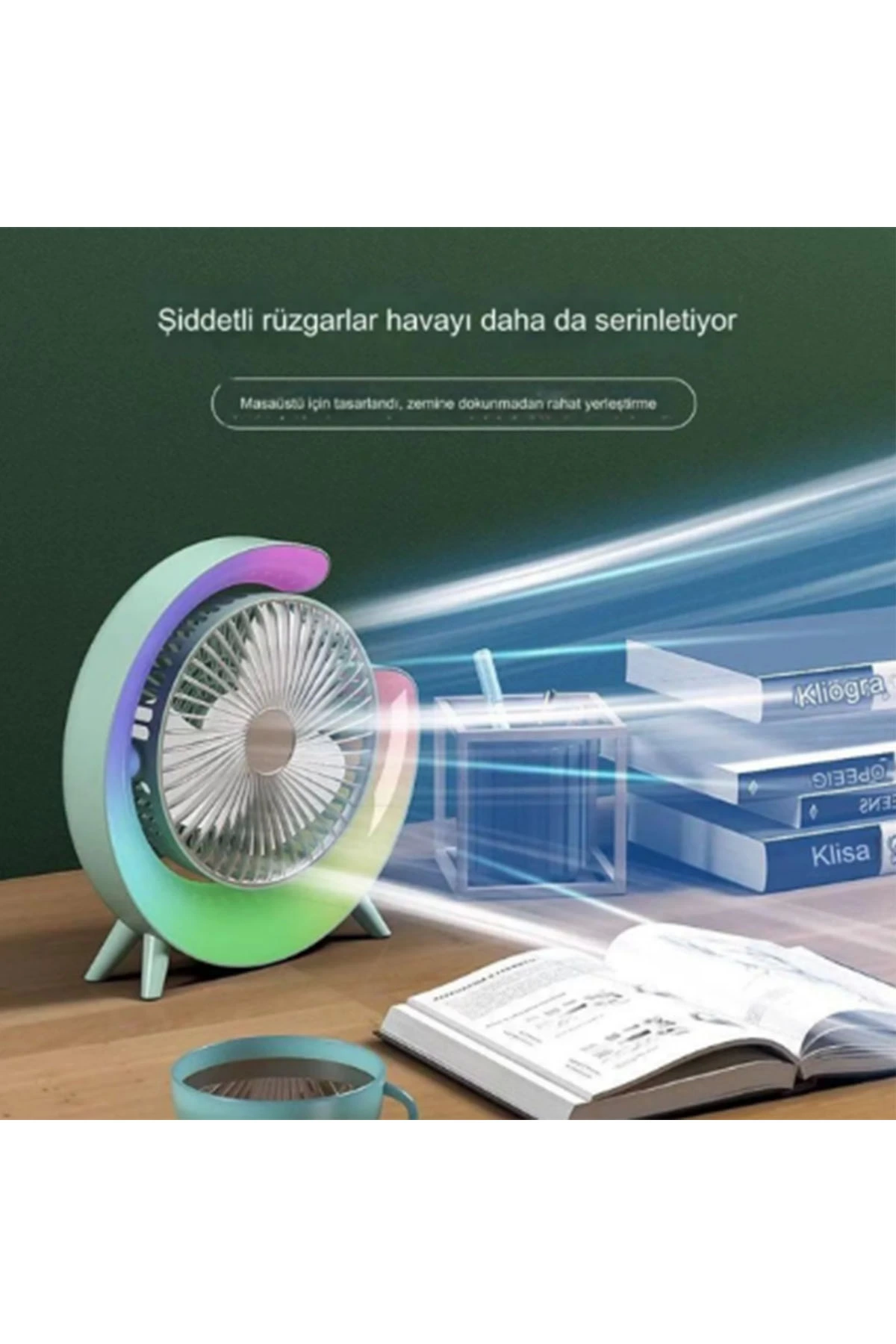 Masaüstü Vantilatör Usb Şarjlı Rgb Led Işıklı 3 Kademeli 180° Ayarlanabilir Soğutucu Fan Yeşil