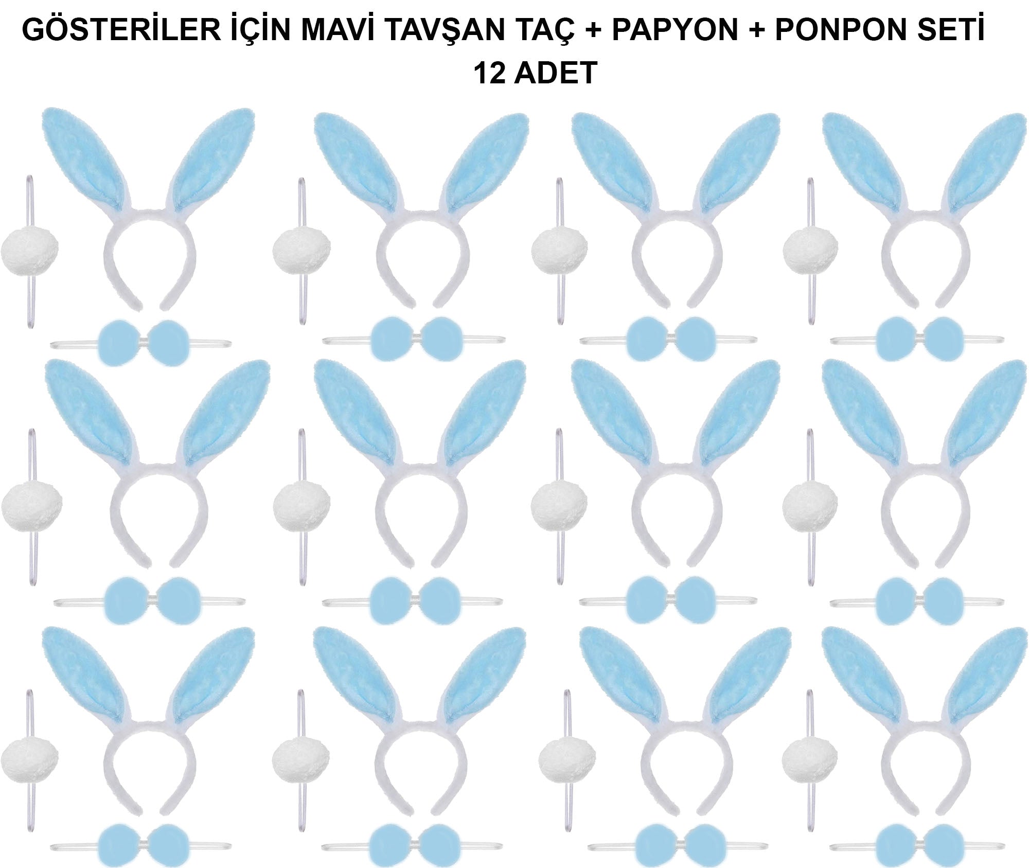 Mavi Tavşan Kostüm Seti – Taç, Papyon, Ponpon