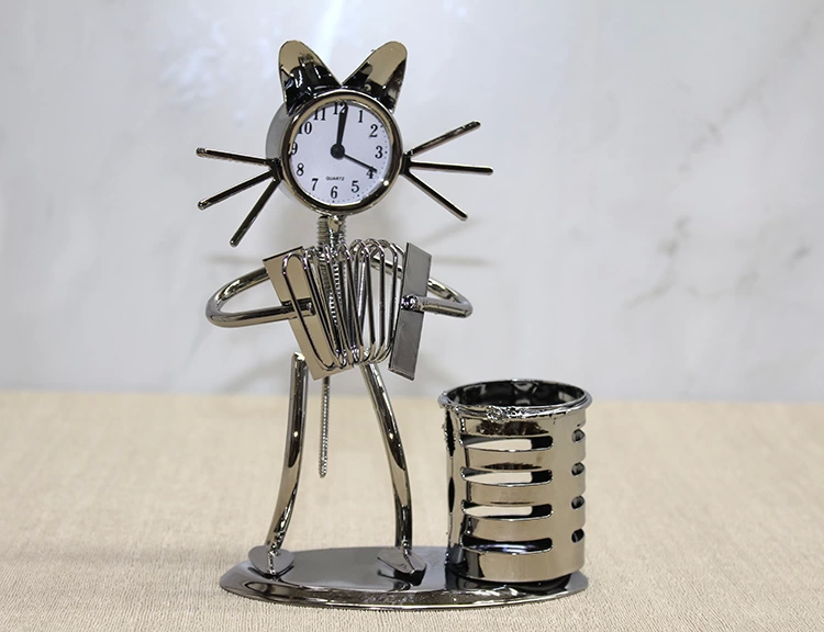 Metal Akordiyon Çalan Kedi Müzisyen Saat Ve Kalemlik Alk4344