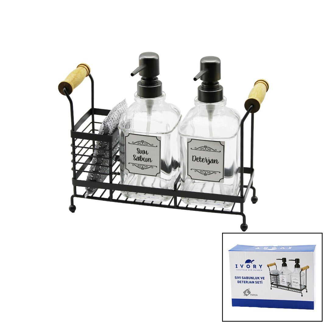 Metal Stend 4 ədəd Şüşə Maye Sabun Dispenseri - Yuyucu Toz Dispenseri = 2x500ml - Süngər Təmizləmə Dəsti