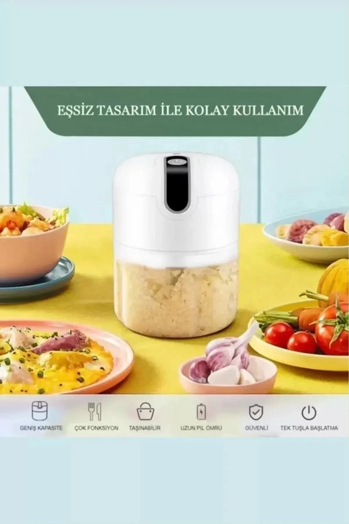 Pratik Mini El Rondosu Şarjlı Çelik 3 Bıçaklı 250 Ml Mutfak Robotu Hazneli Rondo Sebze Et Doğrayıcı Rende