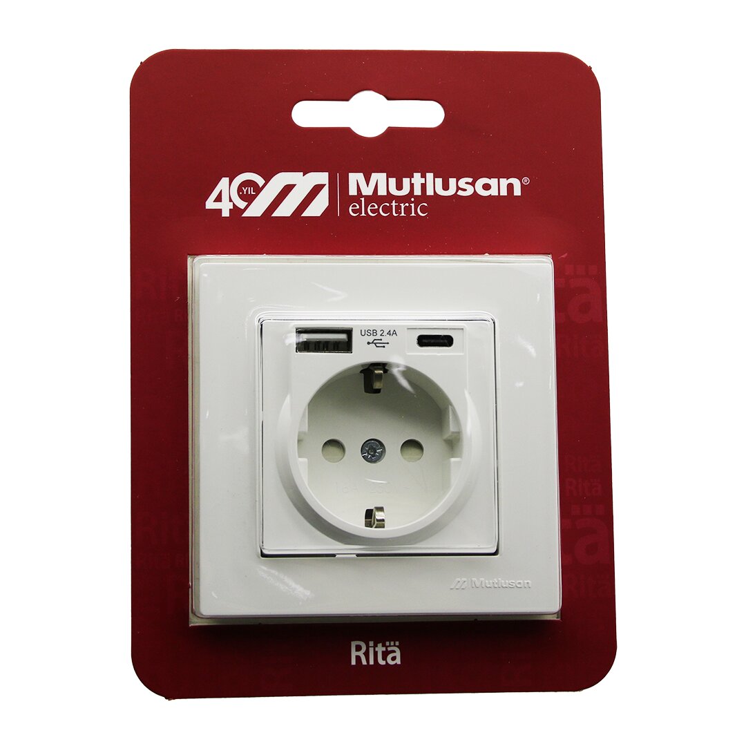 Mutlusan Ri̇ta-2220 629 0201 Bli̇sterli̇ - Kartli Beyaz - Usb + Type-c &amp;apos; Li̇ Toprakli Pri̇z çerçeveli̇