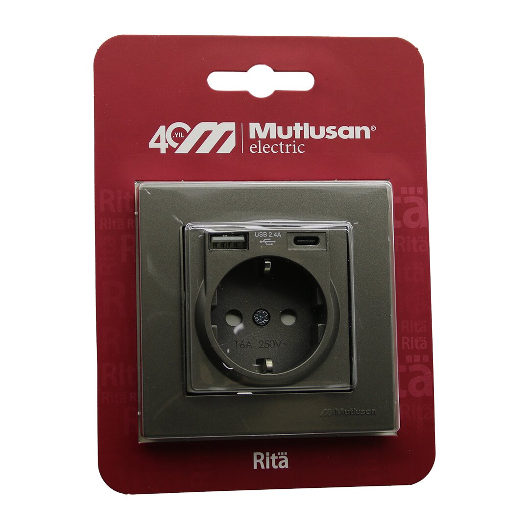 Mutlusan Ri̇ta-2220 629 0286 Bli̇sterli̇ - Kartli Antrasi̇t - Usb + Type-c &amp;apos; Li̇ Toprakli Pri̇z çerçeveli̇