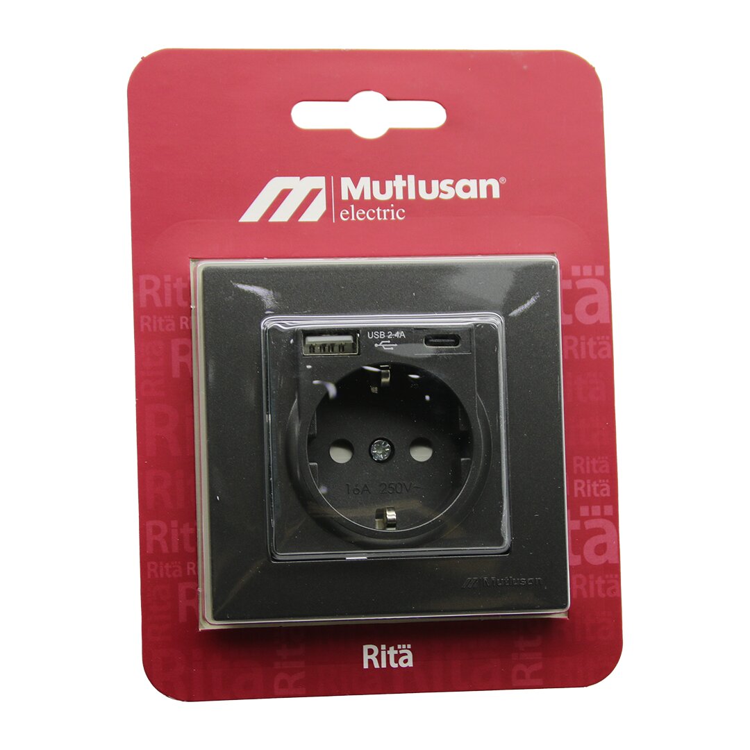 Mutlusan Ri̇ta-2220 629 0295 Bli̇sterli̇ - Kartli Füme - Usb + Type-c &amp;apos; Li̇ Toprakli Pri̇z çerçeveli̇