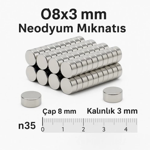10 Adet 8x3mm Yuvarlak Neodyum Mıknatıs Güçlü Nikel Kaplamalı Kaliteli Dayanıklı Magnet