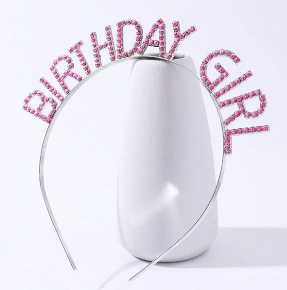 Pembe Renk Kristal Taşlı Parlak Birthday Girl Yazılı Taç 16x17 cm (4620)