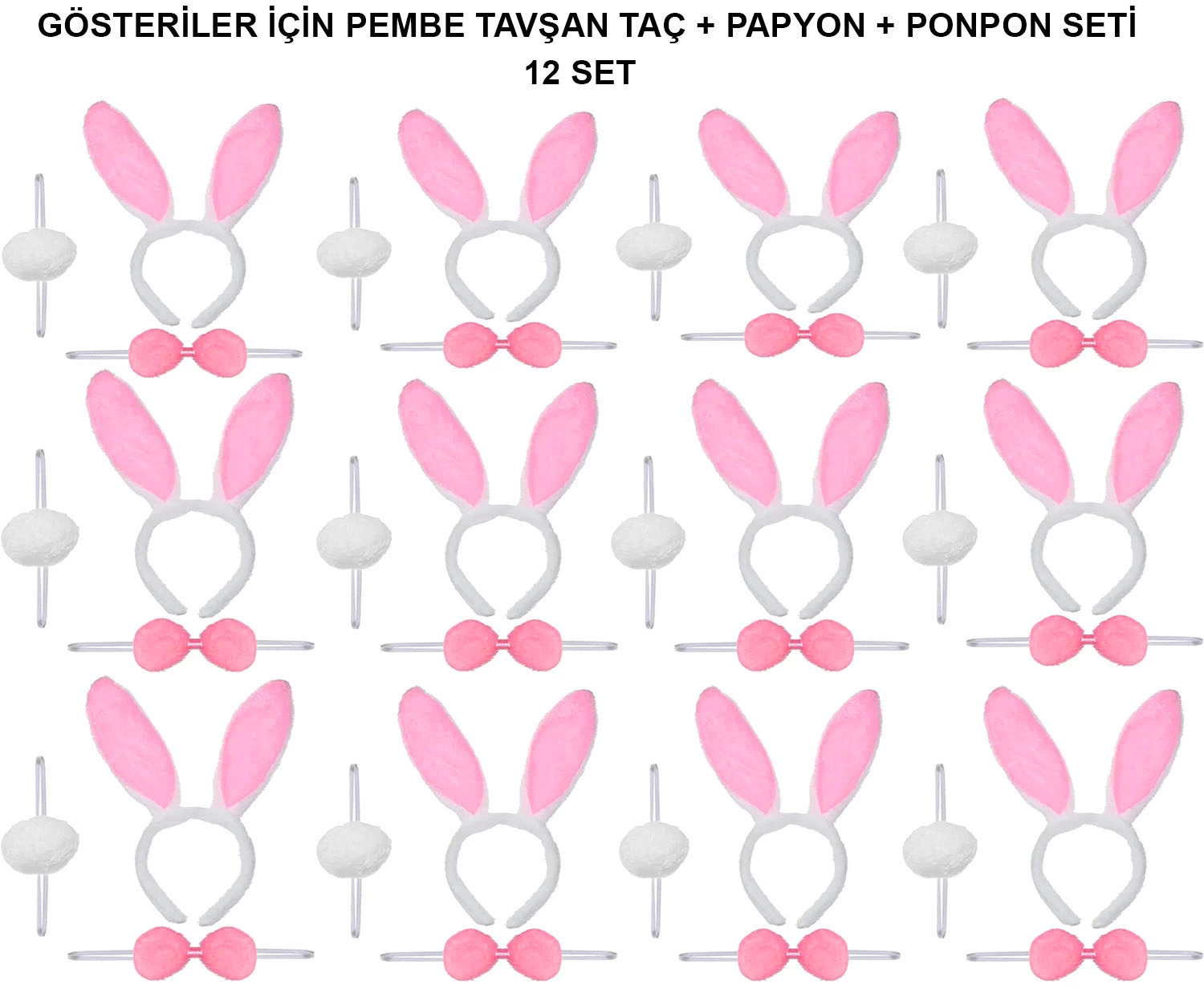 Pembe Tavşan Kostüm Seti – Taç, Papyon, Ponpon