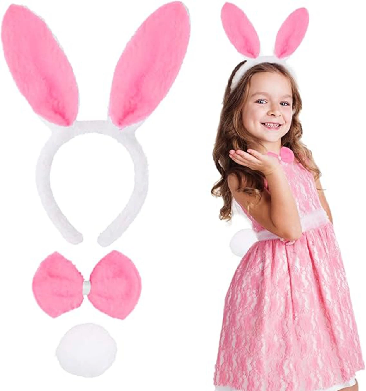 Pembe Tavşan Kostüm Seti – Taç, Papyon, Ponpon