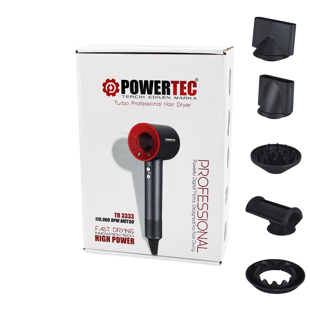 Plazma Saç Kurutma - Fön Makinesi Turbo Prof 5 Pcs Uç - 3 Kademe Sıcaklık - Hassasiyet Hızlı Kurutma  Tr-3333