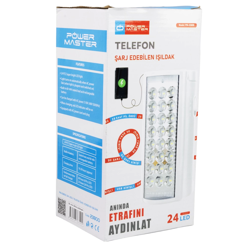 Pm-23800 24 Ledli Telefon Şarj Edebilen Işıldak 6v4a Akülü * Powerbank Özellikli