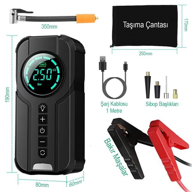 Powerbank Araç Akü Şarj Lastik Hava Kompresörü Şişirici Taşınabilir Dijital Kablosuz El Feneri