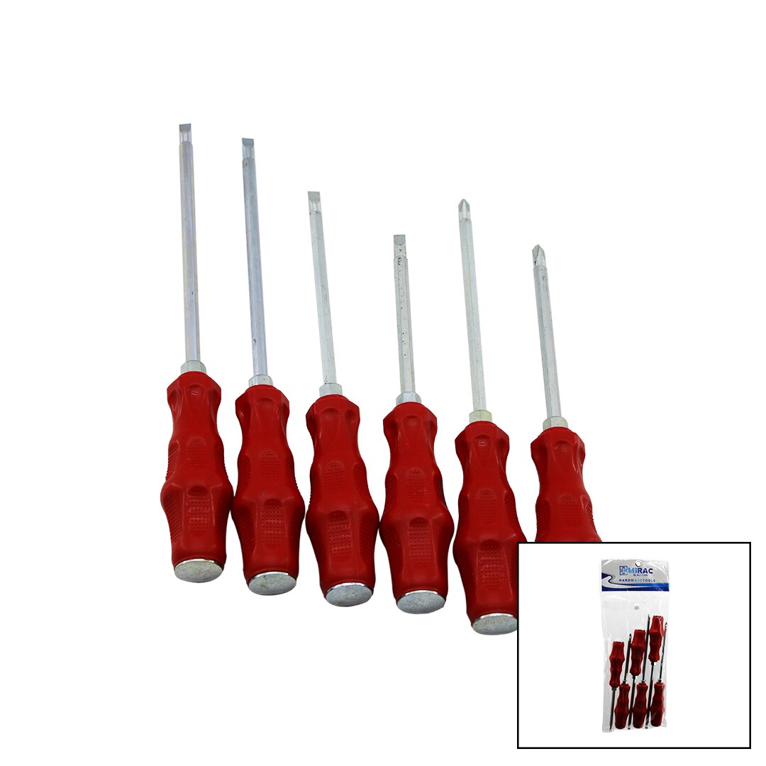 Pvc ambalaj   kirmizi - plastik sapli   darbeli   6li set   çift tarafli  tornavida takimi