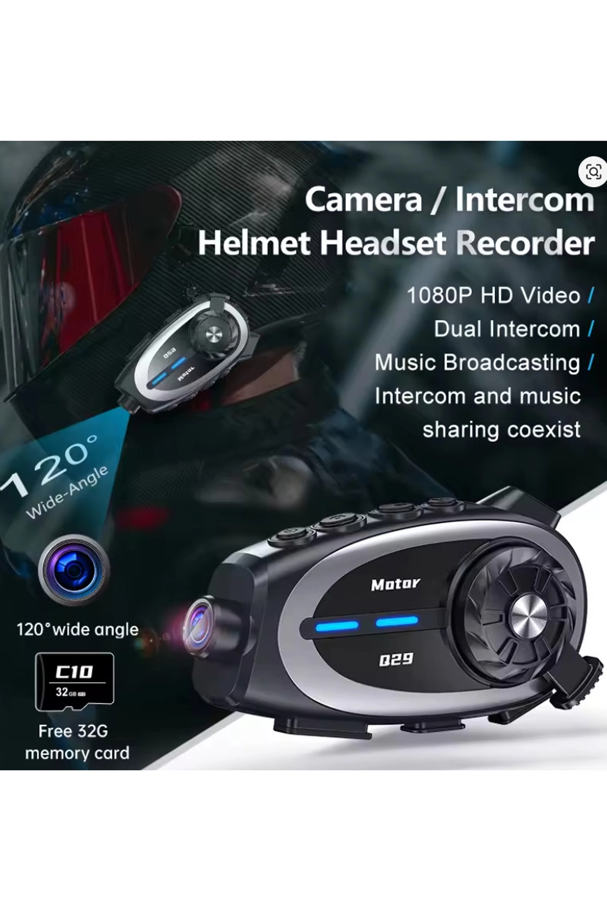 Q29 Motosiklet Kask Bluetooth Kulaklık Eşleşmeli 1080p Kamera Geniş Açı Su Geçirmez Intercom