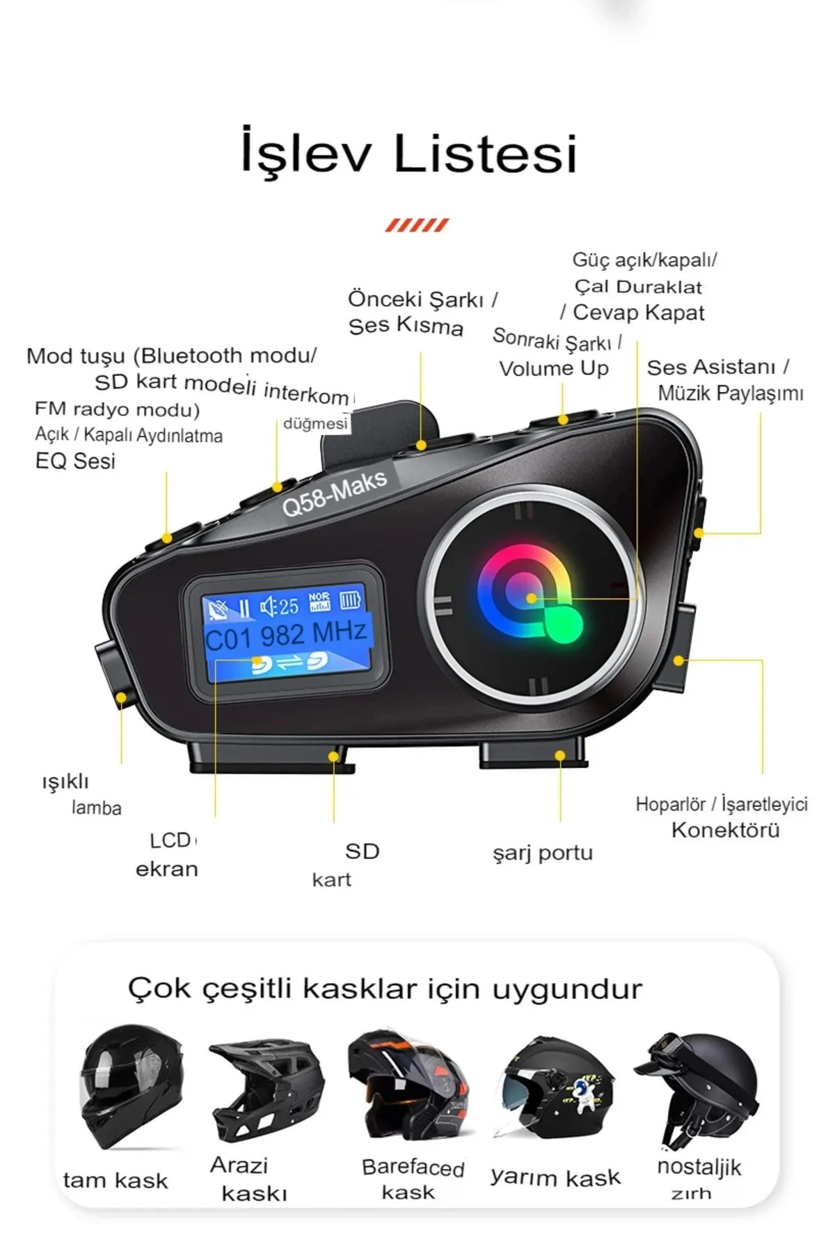 Q58-max Radyolu 2 Kişi Bağlantılı Bluetooth Kask Kulaklık Ekranlı Fenerli Müzik Ve Telsiz Intercom
