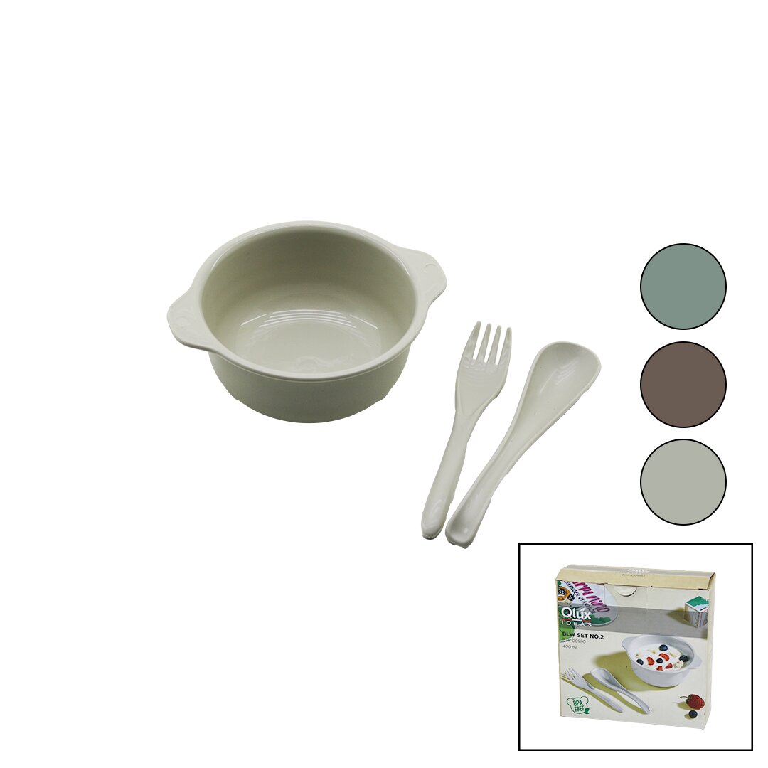 Qlux Bsf-00980 Blw Set No-2 Bebek Beslenme Seti̇  3pcs=1-mama Kabi + 1-kaşik + 1-çatal   400ml   Renkli̇ Plasti̇k