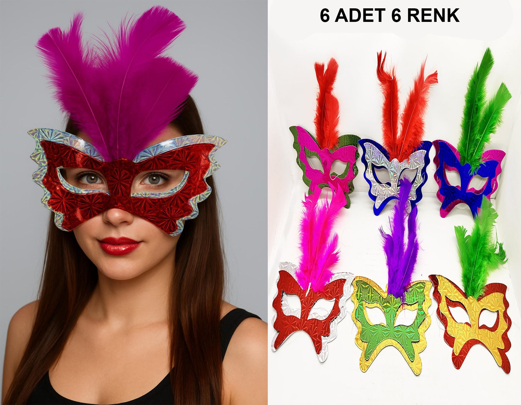 Renkli Parti Maskesi 6&amp;apos;lı | Tüylü Karton Maske Seti