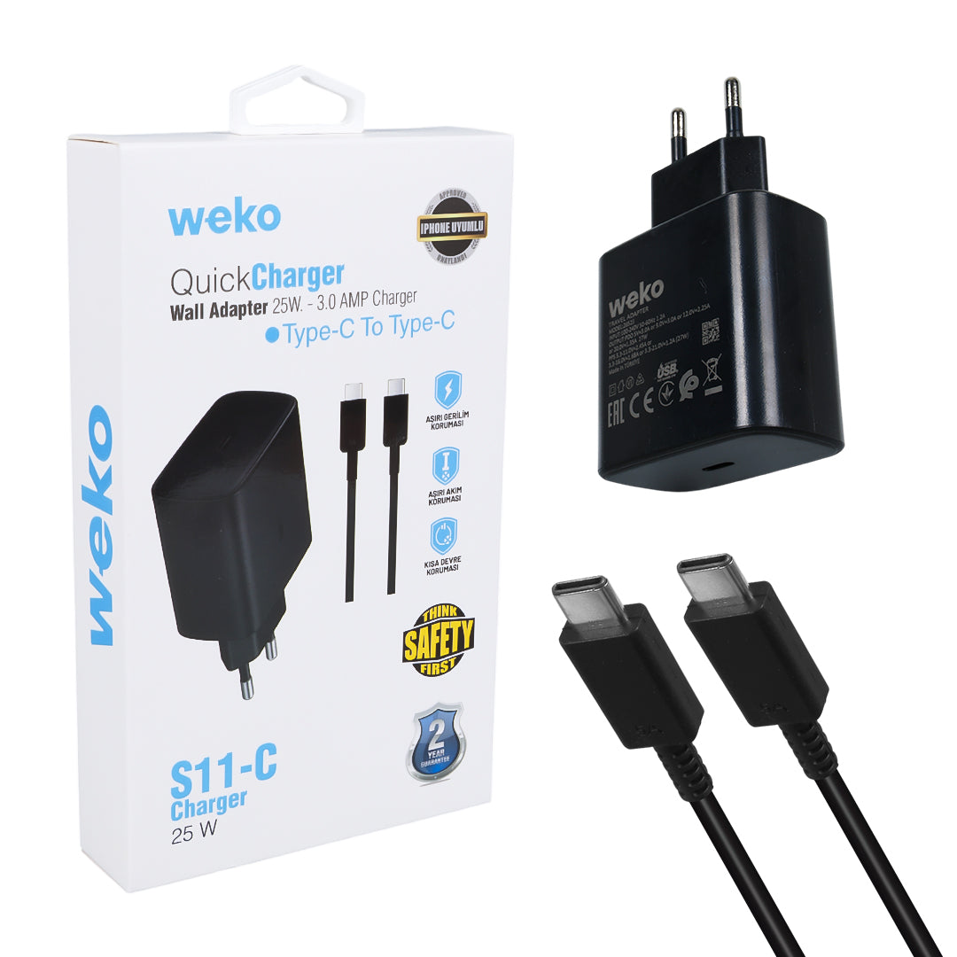 S11-c 25 Watt Si̇yah şarj Başlik Adaptörü + Type-c To Type-c Kablo