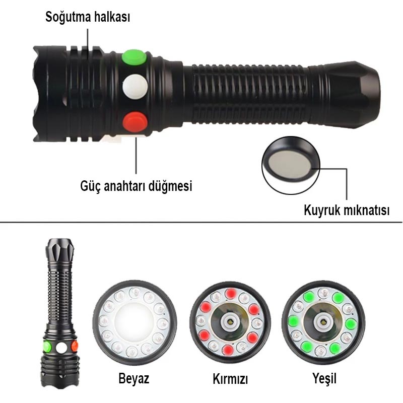 ŞARJ EDİLEBİLİR 3 WATT 3 RENKLİ LEDLİ EL FENERİ (4620)