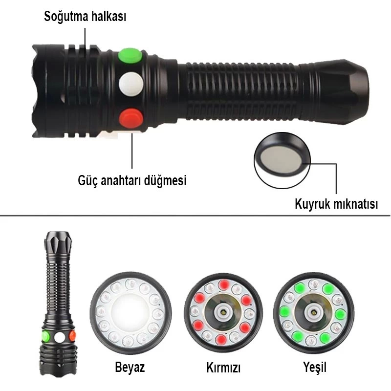 Şarj Edilebilir 3 Watt 3 Renkli Ledli El Feneri