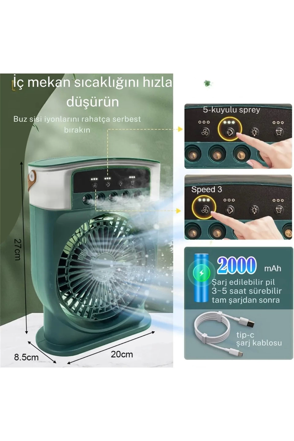 Şarjlı 600 Ml Su Hazneli Taşınabilir Masaüstü Vanilatör  Güçlü Fan Ve 2000 Mah Pil Siyah