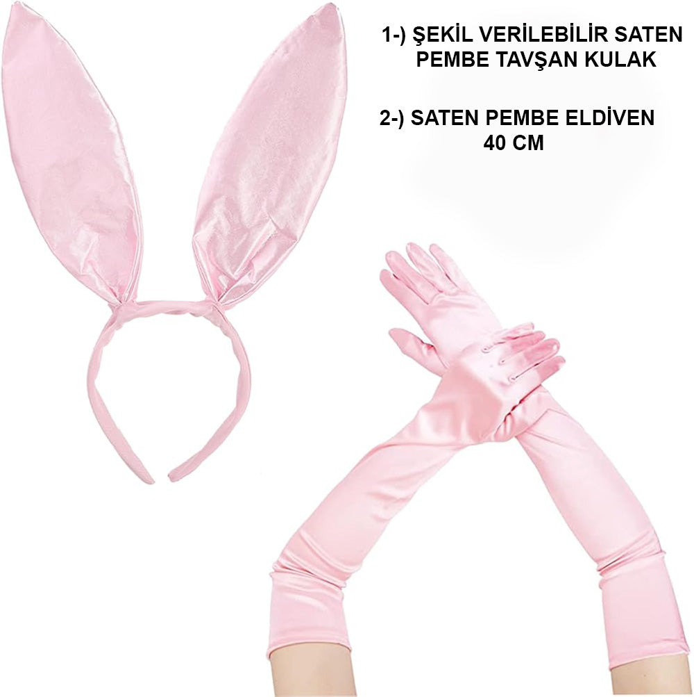 Saten Kaplama Soft Pembe Eldıven 40 Cm Ve Tavşan Kulak 2 Lı Set