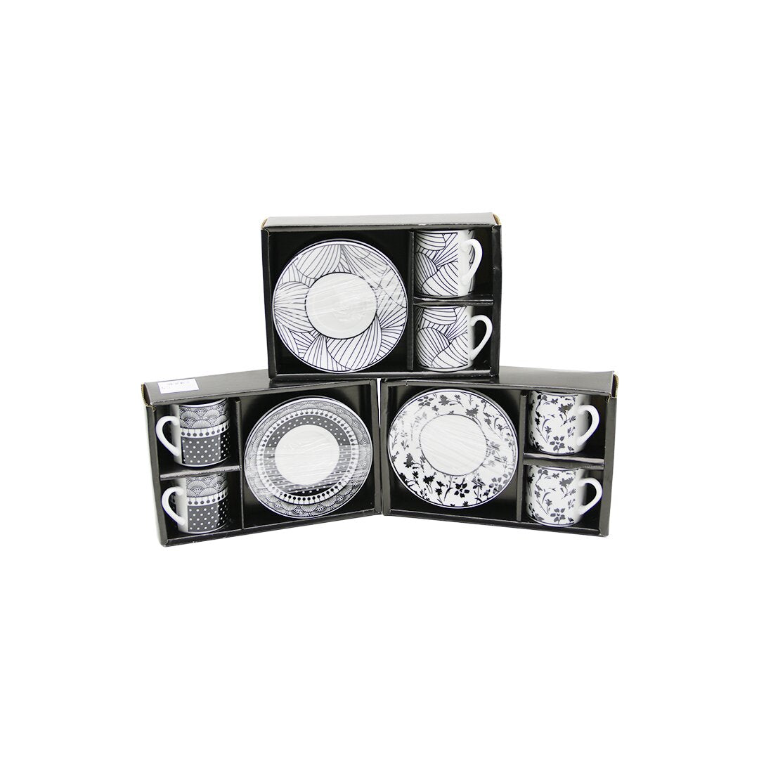 SİYAH - BEYAZ 4PCS=2-TAKIM  PORSELEN KAHVE FİNCANI  ÇİÇEK - ÇİZGİ - NOKTA MİX DESEN