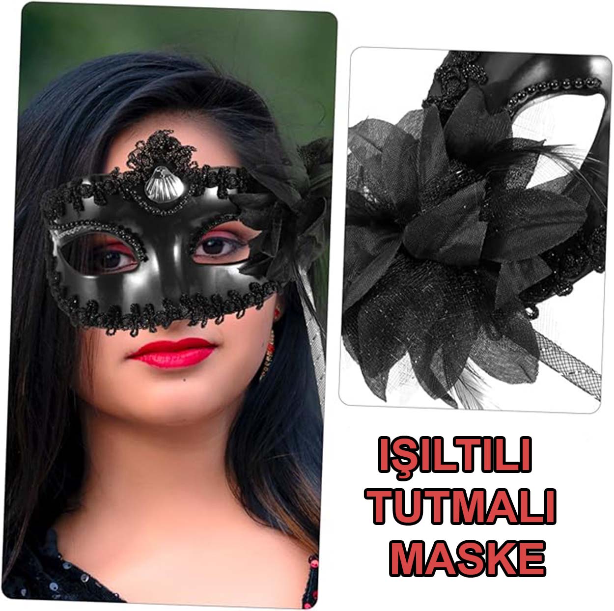 Sıyah Işıltılı Tutmalı Fotoğraf çekımı Maskesı 18x29 Cm