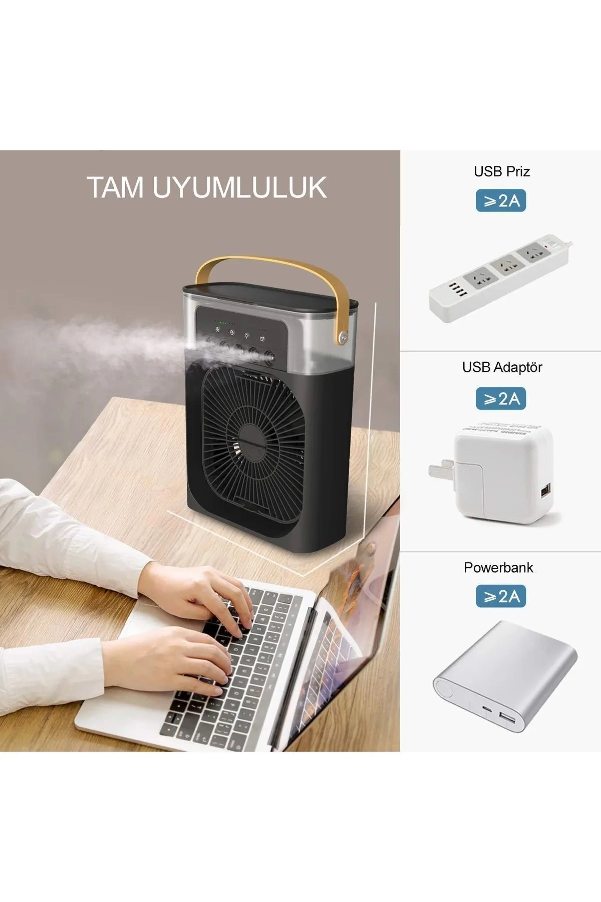 Taşınabilir Işıklı 5 Spreyli Vantilatör Buzlu Buharlı Vantilatör Mini Fan Nemlendirici