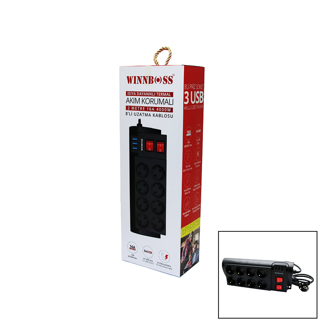 Termal Akim Korumali 16a 8li̇ Pri̇z 3xusb 2mt Anahtarli Uzatma Kablo Si̇yah