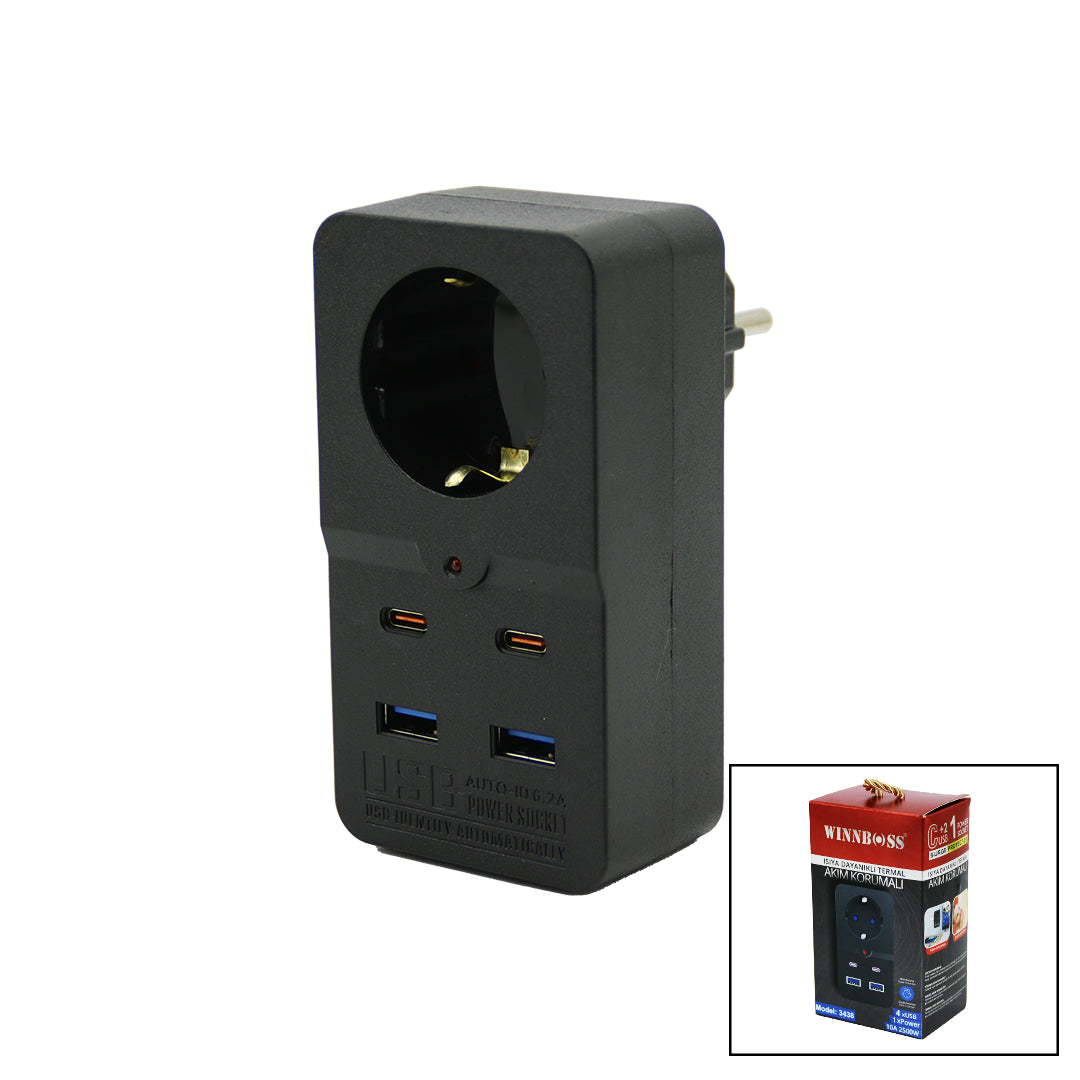Termal Akım Korumalı  1Xpriz 2X Usb 2X Type-C Duvar Tipi Priz Siyah 10A - 2500W