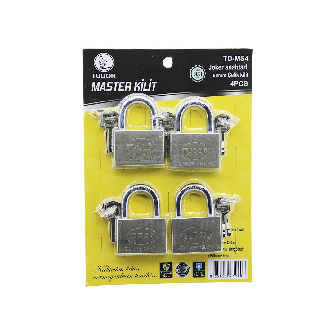 Tudor Td-ms4 Master 4pcs Joker Anahtarli=tek Anahtarla 4 Ki̇li̇t Aç  60mm - Gri̇ Kisa Kancali çeli̇k Asma Ki̇li̇t