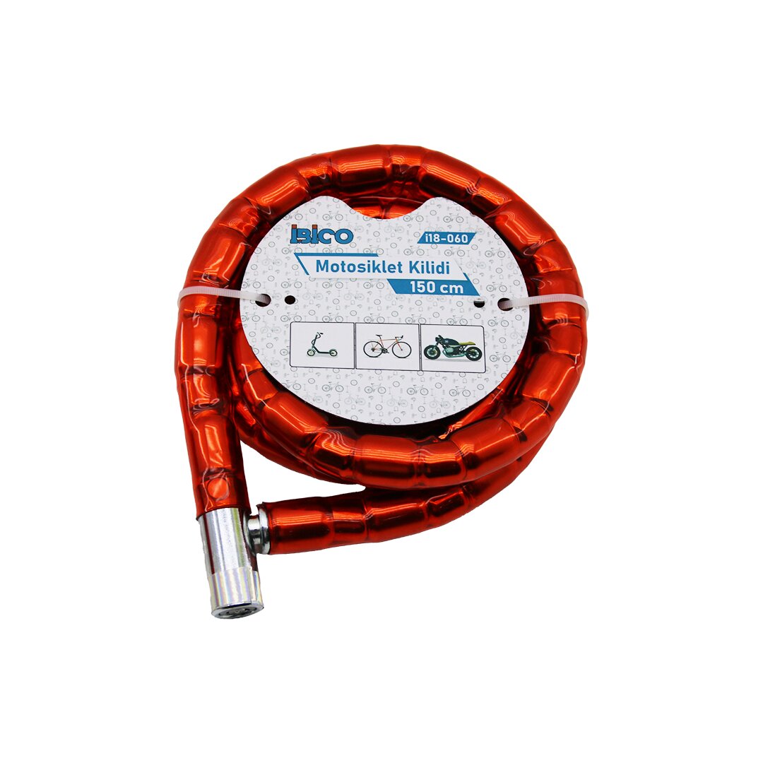 TÜP ANAHTARLI METAL KAFA ÇELİK MOTOR - BİSİKLET KİLİT SİLİNDİRİK SPİRAL KİLİT KIRMIZI KILIF22MM X 1