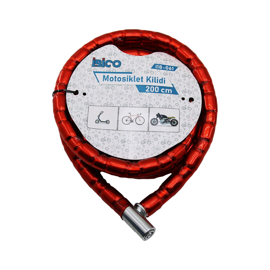 TÜP ANAHTARLI METAL KAFA ÇELİK MOTOR - BİSİKLET KİLİT SİLİNDİRİK SPİRAL KİLİT KIRMIZI KILIF22MM X 2