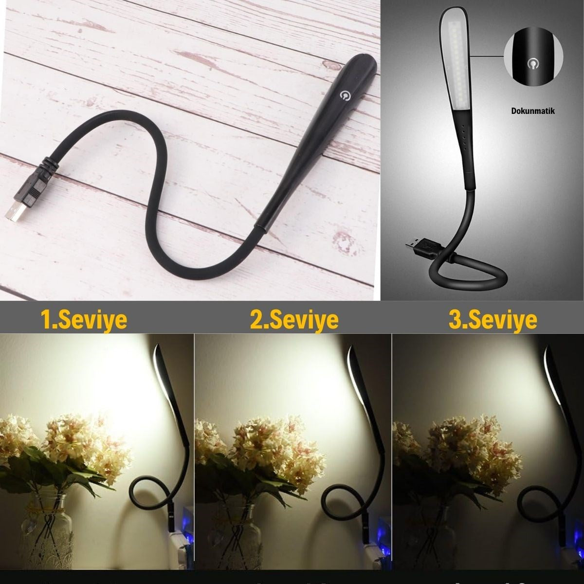 Usb Gırışlı 14 Ledlı 3 Kademelı Dokunmatık Masa/kıtap Okuma Lambası Ledı Sıyah