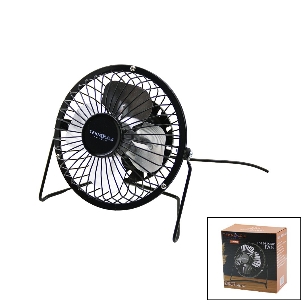 USB - MİNİ FAN METAL KASA - AYAK=360 DERECE MASA ÜSTÜ VANTİLATÖR 4-METAL PERVANE 13.5X11X15CM5V-2.5