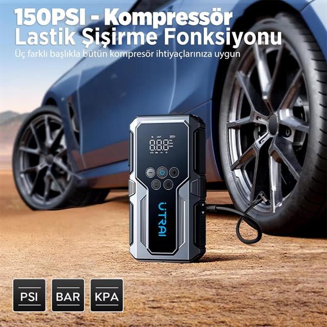Utrai JS-9 12-24V Akü Şarj Powerbank Lastik Hava Kompresörü Şişirici Taşınabilir Dijital Kablosuz E