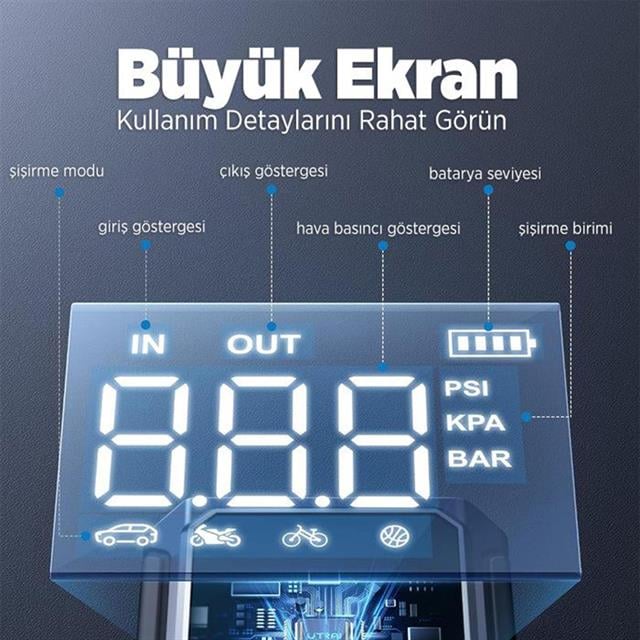 Utrai JS-9 12-24V Akü Şarj Powerbank Lastik Hava Kompresörü Şişirici Taşınabilir Dijital Kablosuz E