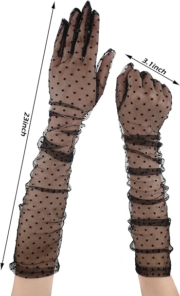 Uzun Boy Siyah Puantiyeli Siyah Renk Yetişkin Tül Eldiven 55 cm (4620)