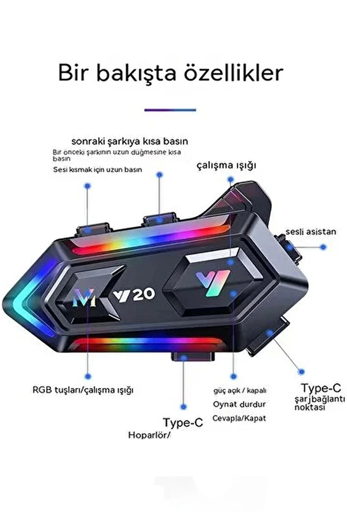 Y20 Motor Kurye Kask Kulaklık Rgb Modlu Bluetooth Motosiklet Kulaklık 5.3 Bluetooth Interkom