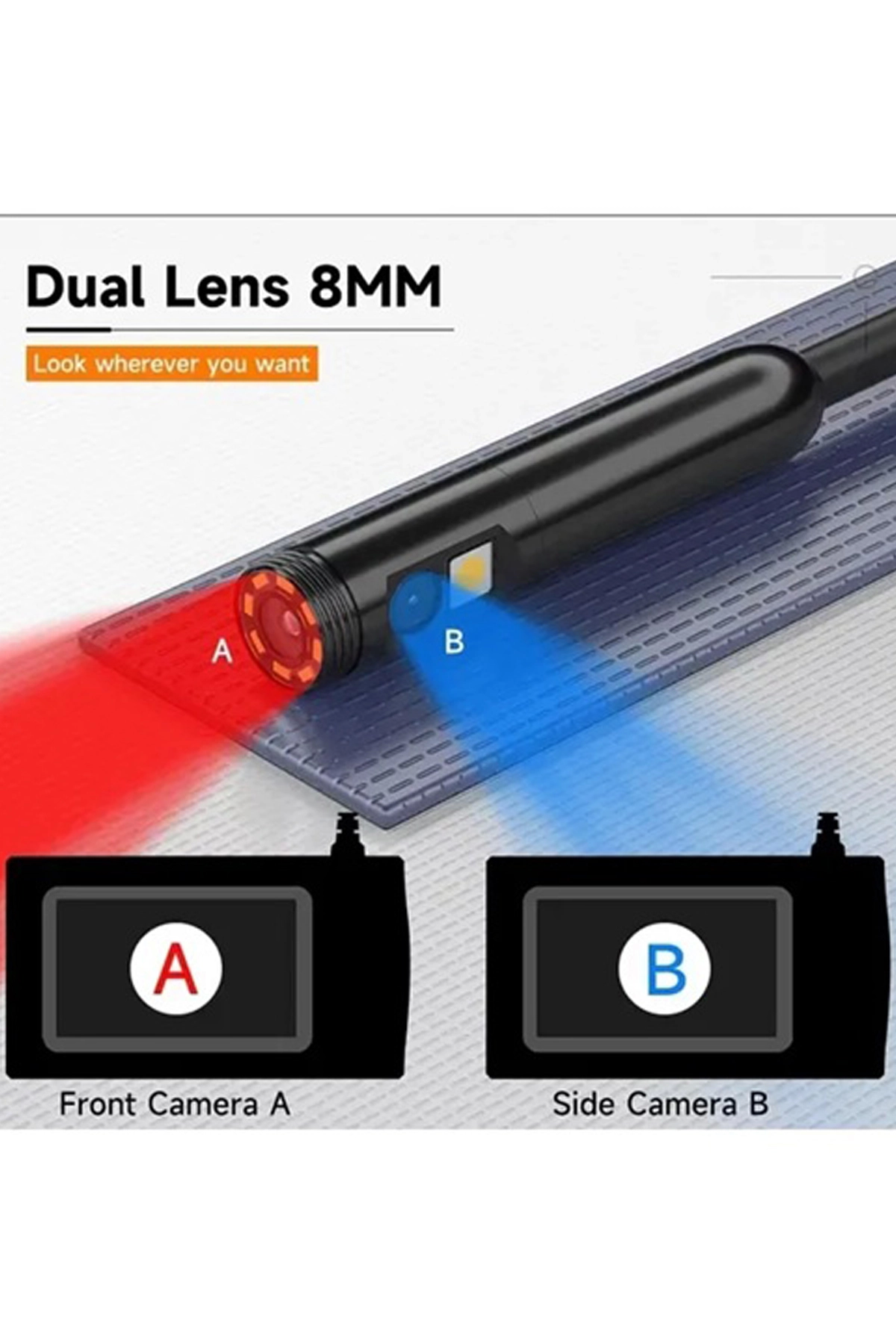 Vtn-093 Ekranlı Çift Kameralı 30 Metre Sert Kablo Yılan Endoskop Kamera 8 Mm 4.3 Inc