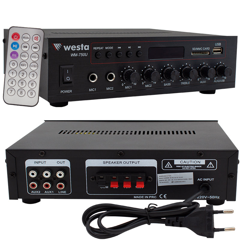 WESTA WM-750U 80W MİNİ 100V/70V/4-16 OHM USB/SD/BLUETOOTH/ UK-2 MİK.GİRİŞ TRAFOLU ANFİ (4620)