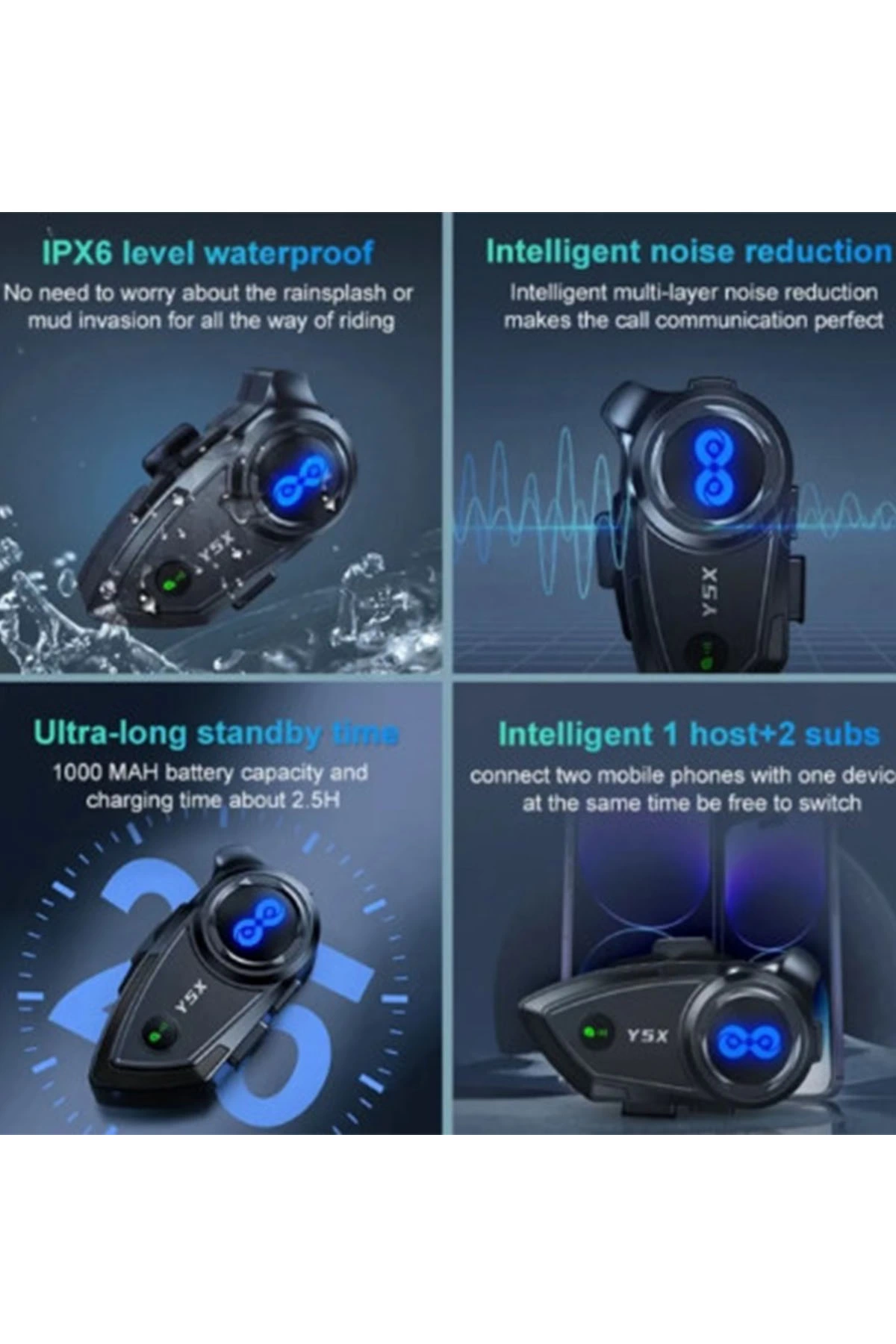 Y5x Rgb Işıklı Intercom 5 Kişi Bağlantılı 1000mah Motosiklet Bluetooth Kulaklık Seti