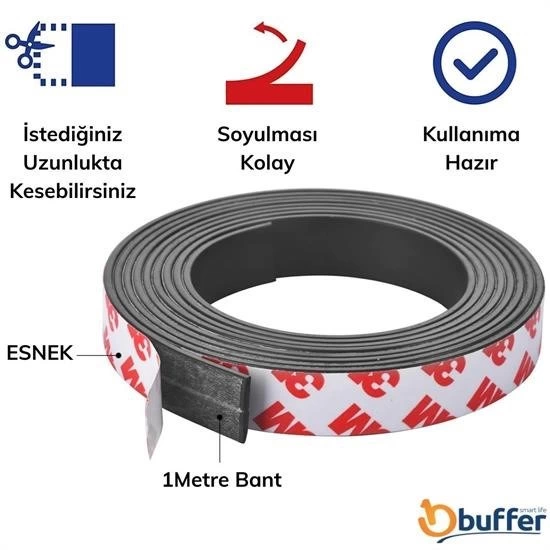 Yapışkanlı Şerit Mıknatıs Magnet Kes Kullan Güçlü Sağlam Rulo Çıkarılması Kolay Siyah 2cm X 1 Mt