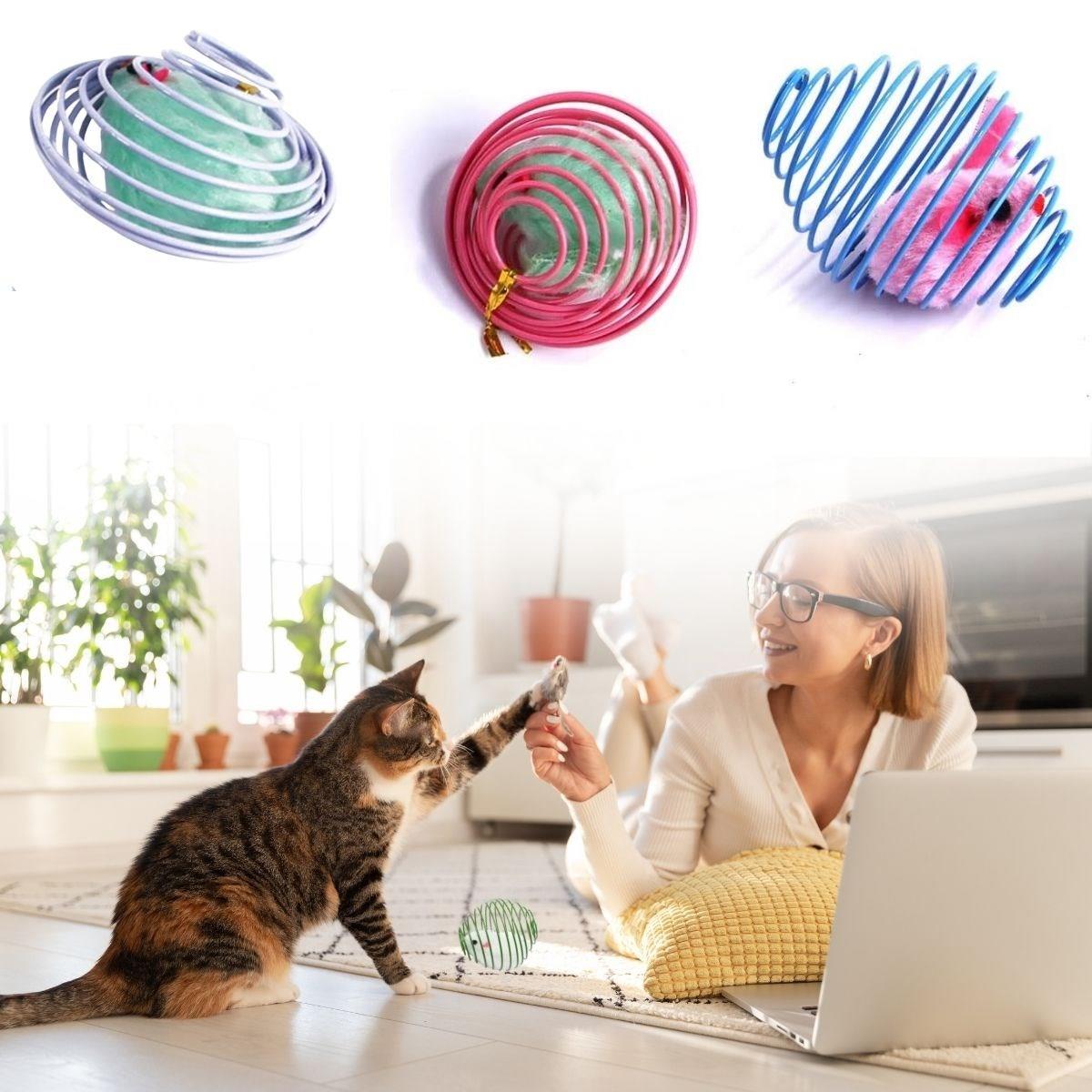 Yaylı Metal Fareli Kafes Kedi Oyun Topu Sıçrayan Spiral Kedi Topu (4620)