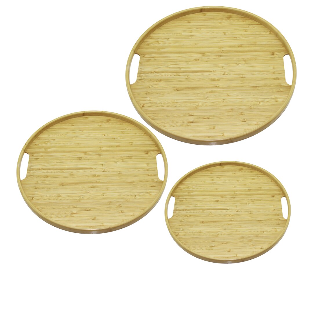 Yuvarlak - 3 Boy Bambu Ahşap Tepsi̇ Seti̇ 30--35--38cm