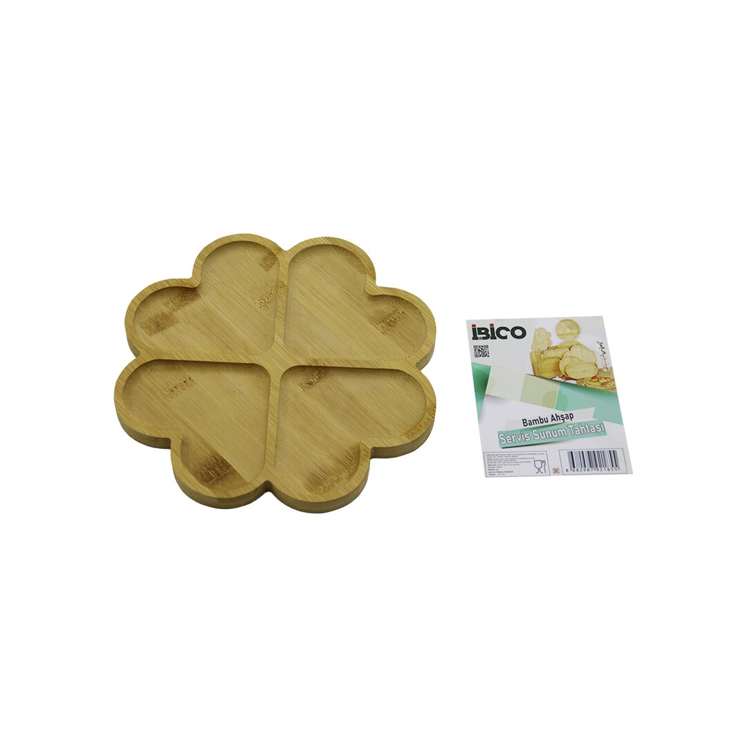 Yuvarlak 4 Kalp Bölmeli̇ Ahşap Bambu Servi̇s Sunum Tepsi̇ - Tahtasi 21 X 1.4cm