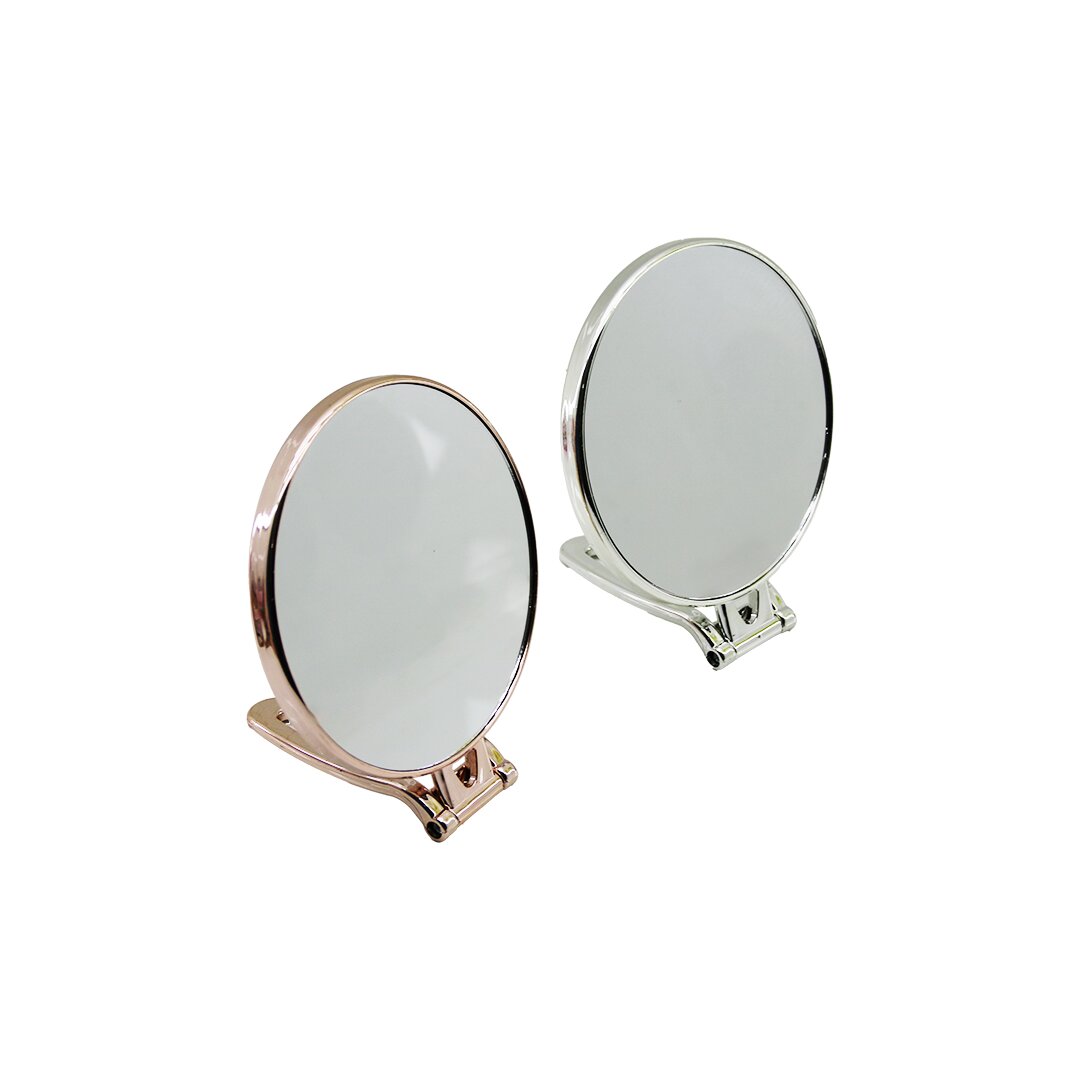 YUVARLAK   6 İNÇ= ÇAP:15CM  MAKYAJ AYNASI  ÇİFT TARAFLI   BRONZ - GÜMÜŞ PLS.ÇERÇEVE   KATLANIR AYAK