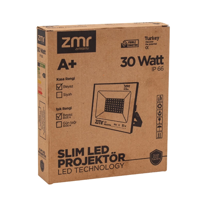 Zmr 30 Watt - 220 Volt 6500k Ip66 150* Işık Açısı Siyah Slim Kasa Led Projektör